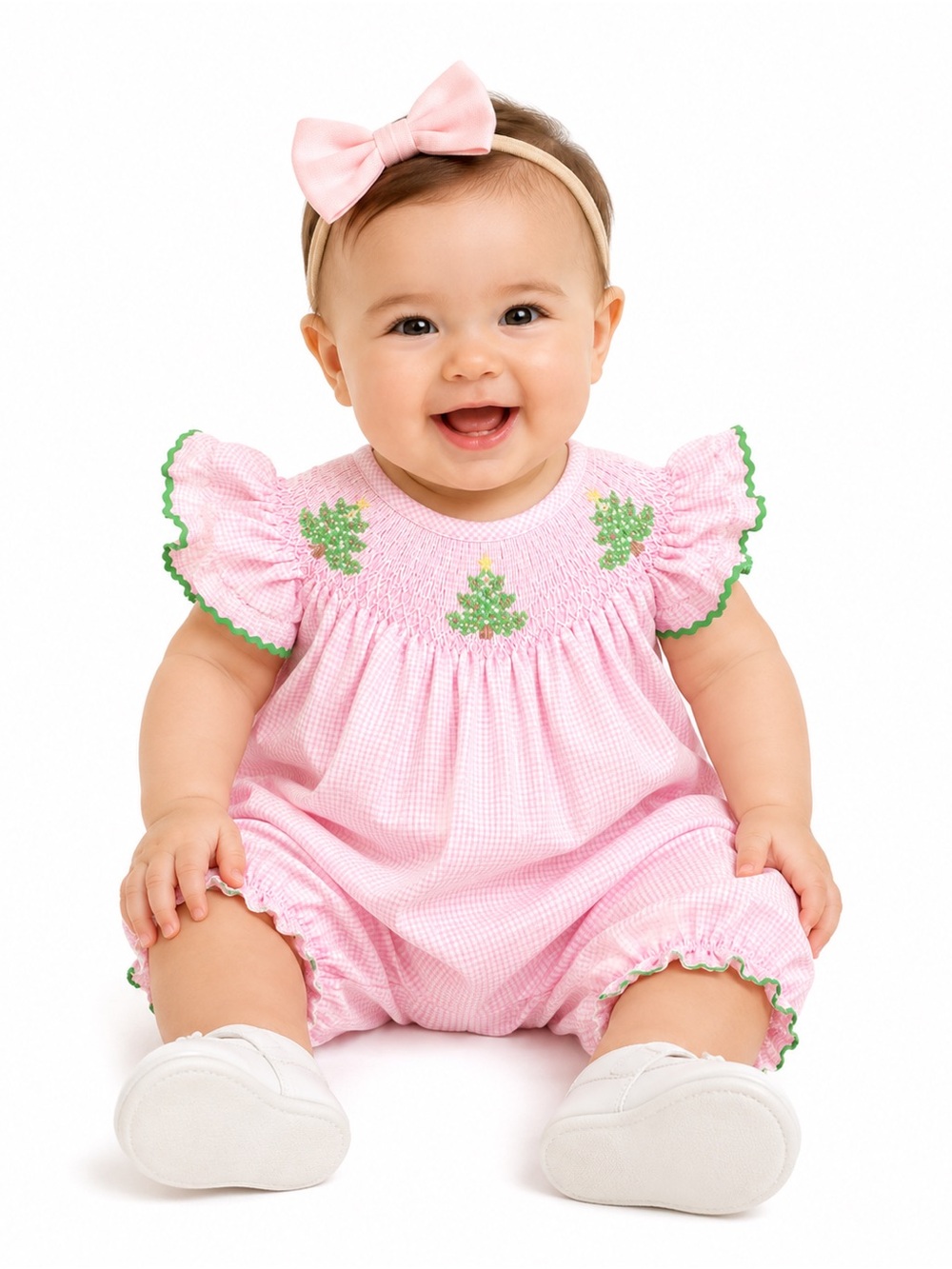 Hand Smocked Silky Goose Pink Gingham Romper with Green Trim and Christmas Trees